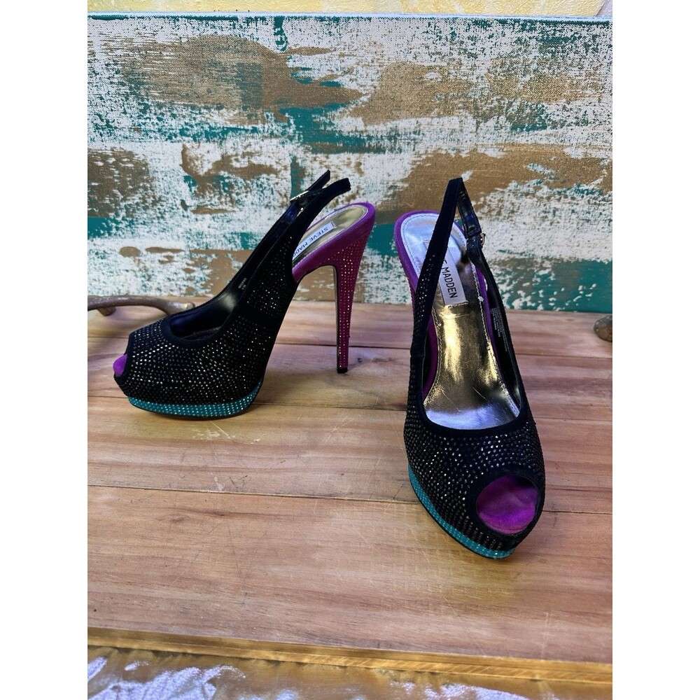 Steve Madden Masquerade Black Multi-Color Suede Leather High Slingbacks 8.5